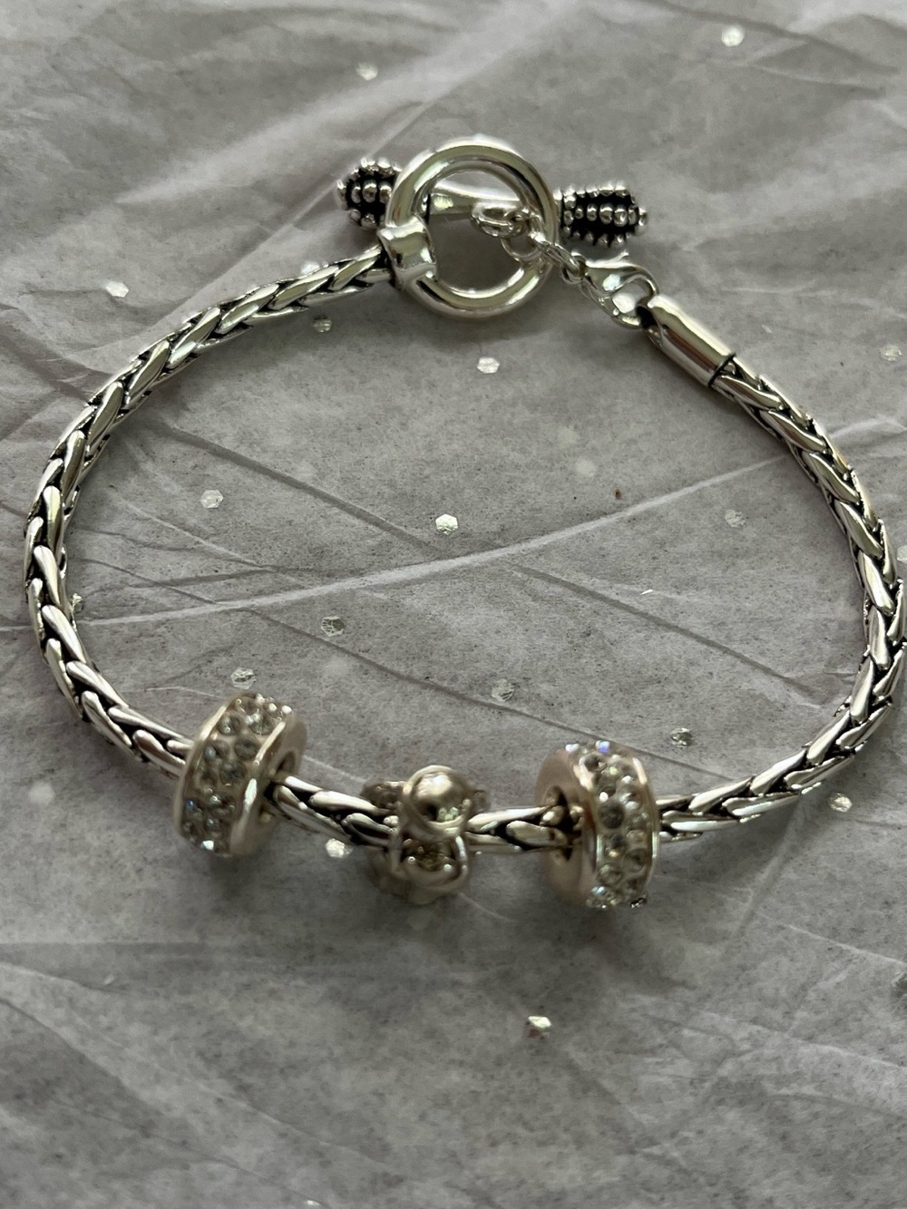 Silver Bracelet with  Pandora angel , and Crystal Rondelle Charms